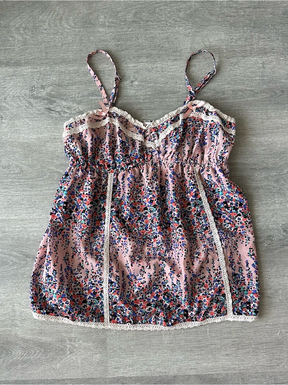 Y2K Valleygirl Coquette Babydoll Cami Top Pink Floral Lace Trim Microprint